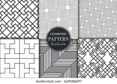 Conjunto de 6 fondo de patrón geométrico en escala de grises en blanco y negro. Línea abstracta, ilustración vectorial de estilo punto retro para papel tapiz, volante, portada, banner, diseño de plantilla de adorno minimalista, fondo