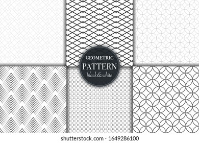 Set of 6 black and white grayscale geometric pattern background. Abstract line, dot retro style vector illustration for wallpaper, flyer, cover, banner, design template minimalistic ornament, backdrop