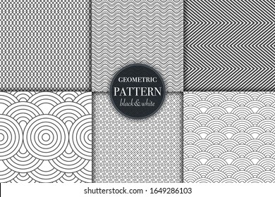 Set of 6 black and white grayscale geometric pattern background. Abstract line, dot retro style vector illustration for wallpaper, flyer, cover, banner, design template minimalistic ornament, backdrop