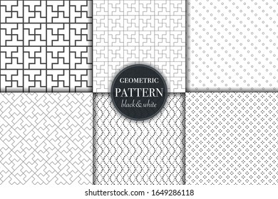 Set of 6 black and white grayscale geometric pattern background. Abstract line, dot retro style vector illustration for wallpaper, flyer, cover, banner, design template minimalistic ornament, backdrop