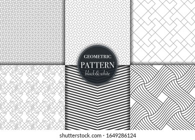 Set of 6 black and white grayscale geometric pattern background. Abstract line, dot retro style vector illustration for wallpaper, flyer, cover, banner, design template minimalistic ornament, backdrop