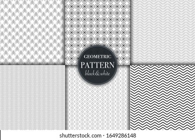 Set of 6 black and white grayscale geometric pattern background. Abstract line, dot retro style vector illustration for wallpaper, flyer, cover, banner, design template minimalistic ornament, backdrop