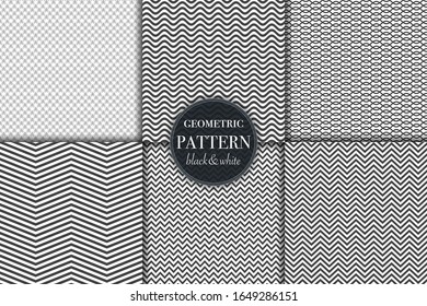 Set of 6 black and white grayscale geometric pattern background. Abstract line, dot retro style vector illustration for wallpaper, flyer, cover, banner, design template minimalistic ornament, backdrop