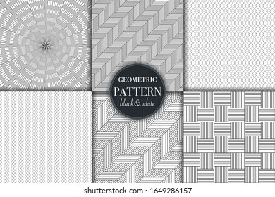 Set of 6 black and white grayscale geometric pattern background. Abstract line, dot retro style vector illustration for wallpaper, flyer, cover, banner, design template minimalistic ornament, backdrop