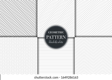 Set of 6 black and white grayscale geometric pattern background. Abstract line, dot retro style vector illustration for wallpaper, flyer, cover, banner, design template minimalistic ornament, backdrop