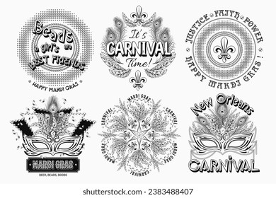 Set of 6 black and white labels with text for carnival Mardi Gras decoration in vintage style on white background. For prints, clothing, t shirt, holiday goods, stuff, surface design.