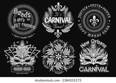 Set of 6 black and white labels with text for carnival Mardi Gras decoration in vintage style on black background. For prints, clothing, t shirt, holiday goods, stuff, surface design.