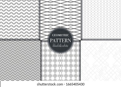 Set of 6 black white luxury geometric pattern background. Abstract line, dot retro style vector illustration for wallpaper, flyer, cover, design template. minimalistic ornament, backdrop.