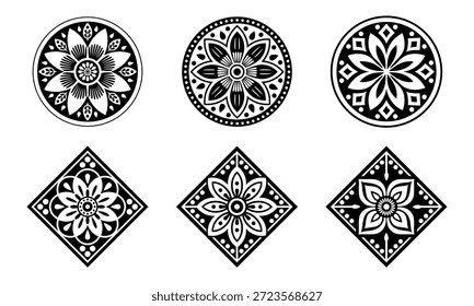 Conjunto de 6 flores populares estilizadas en blanco y negro, Elementos de diseño florales decorativos