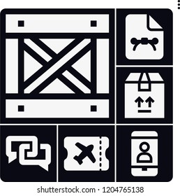 Set of 6 blank filled icons such as box, package, boarding pass, , chat