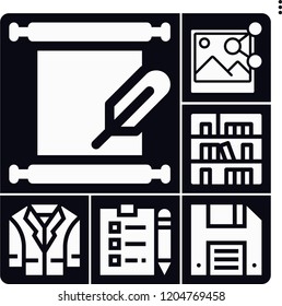 Set of 6 blank filled icons such as picture, notepad, manuscript, bookshelf, diskette