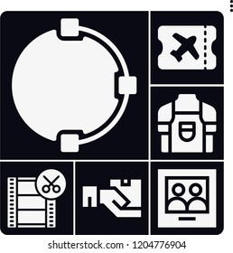 Set of 6 blank filled icons such as film reel, , box, apron, boarding pass