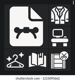 Set of 6 blank filled icons such as film reel, hanger, desk, , open book