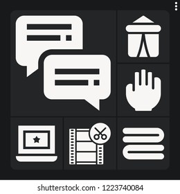 Set of 6 blank filled icons such as tent, film reel, towel, hand, chat