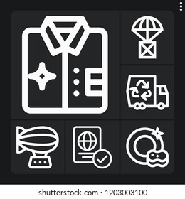 Set of 6 blank outline icons such as zeppelin, package, van, shirt, dish