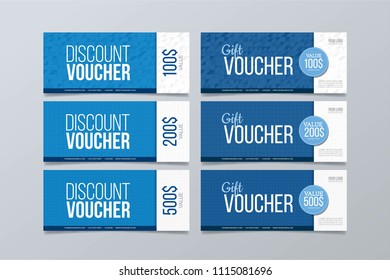 Set of 6 blue geometric banner background. Gift and discount voucher design template. 