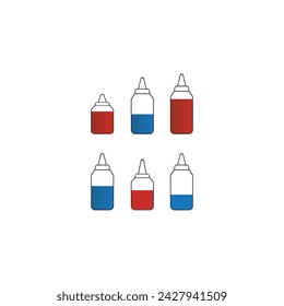 Set of 6 blue, red medication ear, nose or eye drops bottle icons - simplified vector illustration elements to use in web and product design, advertisement and more.
