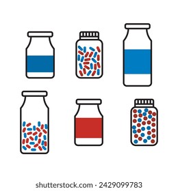 Set of 6 blue, red medication bottle with capsules icons - simplified vector illustration elements to use in web and product design, advertisement and more.