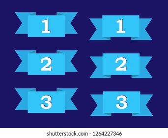 Set of 6 blue ribbons with numbers 1, 2 and 3