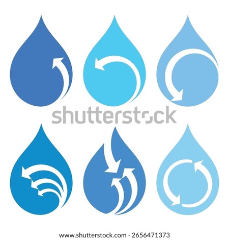 Set of 6 blue water drop icons with dynamic white arrows symbolizing water flow, circulation, recycling, and sustainability concepts. Ideal for eco-friendly, environmental, and water-related projects.