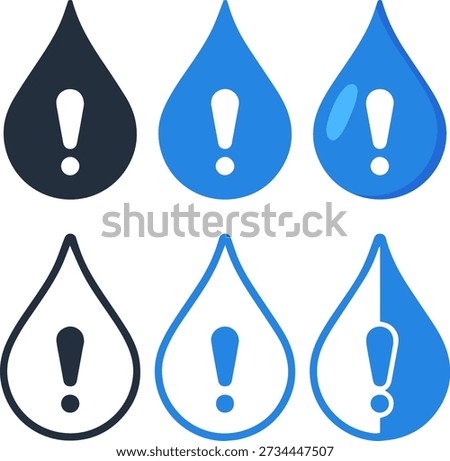 Set of 6 blue water drop icons with exclamation mark for plumbing alert and liquid safety warning design