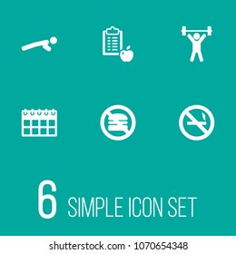 Set of 6 bodybuilding icons set. Collection of no smoking, push ups, fitness and other elements.