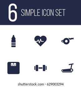 Set Of 6 Bodybuilding Icons Set.Collection Of Barbell, Blower, Body Balance And Other Elements.