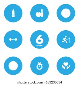 Set Of 6 Bodybuilding Icons Set.Collection Of Kegling, Dumbbell, Running And Other Elements.