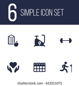 Set Of 6 Bodybuilding Icons Set.Collection Of Running, Heart In Hand, Training Bicycle Elements.