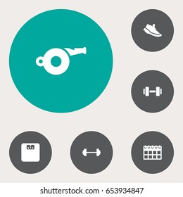 Set Of 6 Bodybuilding Icons Set.Collection Of Sneakers, Body Balance, Date And Other Elements.