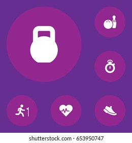Set Of 6 Bodybuilding Icons Set.Collection Of Running, Weights, Timer And Other Elements.