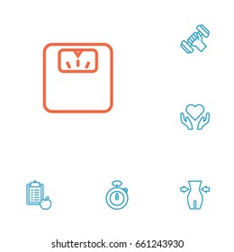 Set Of 6 Bodybuilding Outline Icons Set.Collection Of Stopwatch, Diet, Scales And Other Elements.