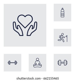Set Of 6 Bodybuilding Outline Icons Set.Collection Of Water Bottle, Yoga, Training And Other Elements.
