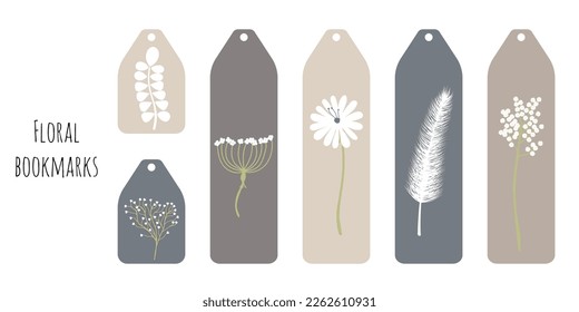 Set 6 bookmarks in aesthetic colors   white decorative hand draw plants  Line botanical illustration  Minimalistic bookmark templates for reading  Isolated white background 