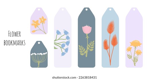 Set of 6 bookmarks in aesthetic colors and decorative hand draw flowers and plants. Flat style botanical illustration. Minimalistic bookmark templates for reading. Isolated on white background.