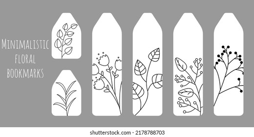 Set of 6 bookmarks with black line decorative hand draw plants and flower. Minimalists botanical illustration. Bookmark templates for reading. Isolated on grey background.	