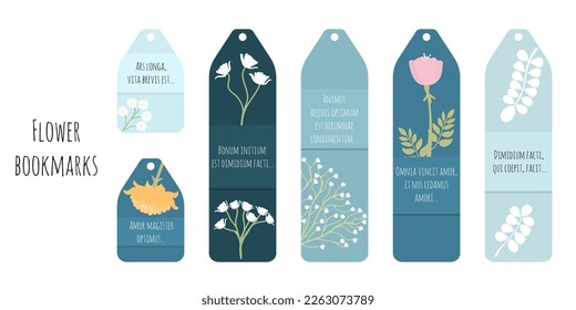 Set of 6 bookmarks in blue colors, decorative plants and latin quotes. Botanical illustration. Minimalistic bookmark templates for reading. Isolated on white background.