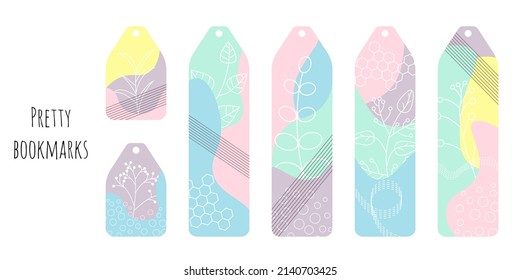 Set of 6 bookmarks with colored spots and decorative elements. Line botanical illustration. Bright and positive colors. Isolated on white background. Bookmark templates for reading.