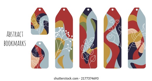 Set of 6 bookmarks with colored spots and decorative elements. Elegant colors palette. Bookmark templates for reading.  White line botanical illustration. Isolated on white background.