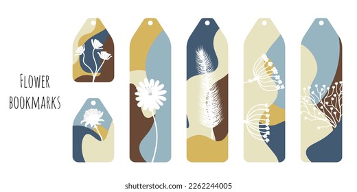 Set of 6 bookmarks with colored waves and white flowers. Elegant colors palette. Bookmark templates for reading. White line botanical illustration. Isolated on white background.	