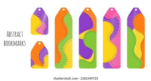 Set of 6 bookmarks with colorful spots and decorative elements. Bookmark templates for reading. Minimalistic design. Line geometric elements. Bright and positive colors. Isolated on white background.