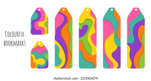 Set of 6 bookmarks with colorful spots and decorative elements. Bookmark templates for reading. Minimalistic design. Flat-lay illustration. Bright and positive colors. Isolated on white background.