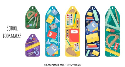 Set of 6 bookmarks with cute school supplies and geometric elements. Illustration with color waves. Kid's bookmarks for reading. Bright and positive colors.Isolated on white background.