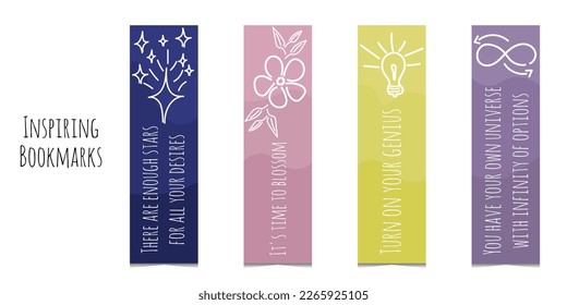 Set of 6 bookmarks with doodle elements and inspiring quotes. White line illustration. Minimalistic bookmark templates for reading. Isolated on white background.	