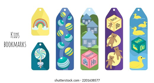 Set of 6 bookmarks with kids' toys - bears, ducks, cubes and balls. Illustration with color waves. Kid's bookmarks for reading. Bright and positive colors.Isolated on white background. 