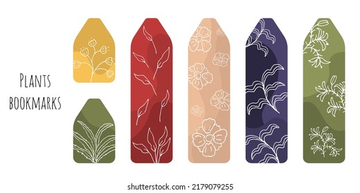 Set of 6 bookmarks with monochrome spots and white decorative hand draw plants. Line botanical illustration. Bookmark templates for reading. Isolated on white background.	
