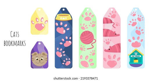 Set of 6 bookmarks and stickers with cute cats stuff and toys. Illustration with color waves. Kid's bookmarks for reading. Bright and positive colors.Isolated on white background.