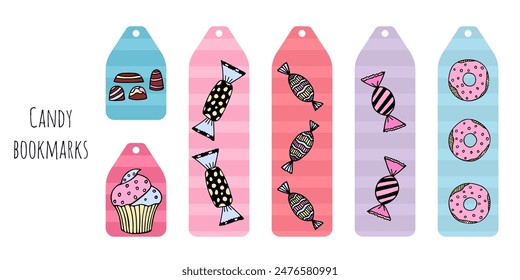 Set of 6 bookmarks and stickers with cute candies, cupcake, donut. Illustration in colored doodle style. Kid's bookmarks for reading. Bright and positive colors. Isolated on white background.	