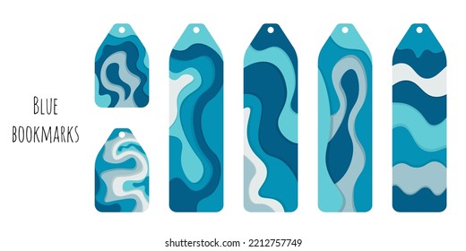 Set of 6 bookmarks templates in blue color palette. Modern abstract waves in flat-lay style. Bookmarks for man and woman. Flat illustration. Isolated on white background.