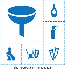 Set of 6 bottle filled icons such as spray bottle, cream tube, maple syrup, pipette, decanted